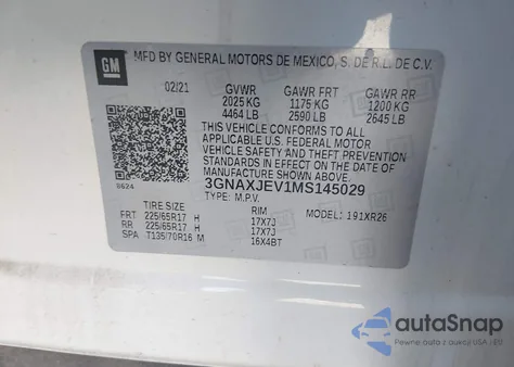 2021 Chevrolet Equinox Fwd 2Fl z USA, uszkodzony, nr VIN 3GNAXJEV1MS145029